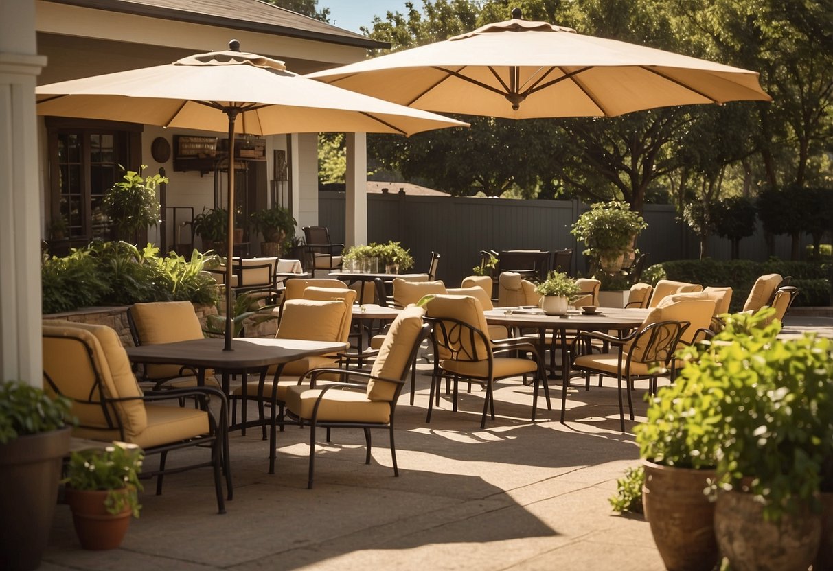A sunny patio with a variety of outdoor furniture, including tables, chairs, and umbrellas. A sign advertises "Best Deals on Outdoor Furniture" in bold letters