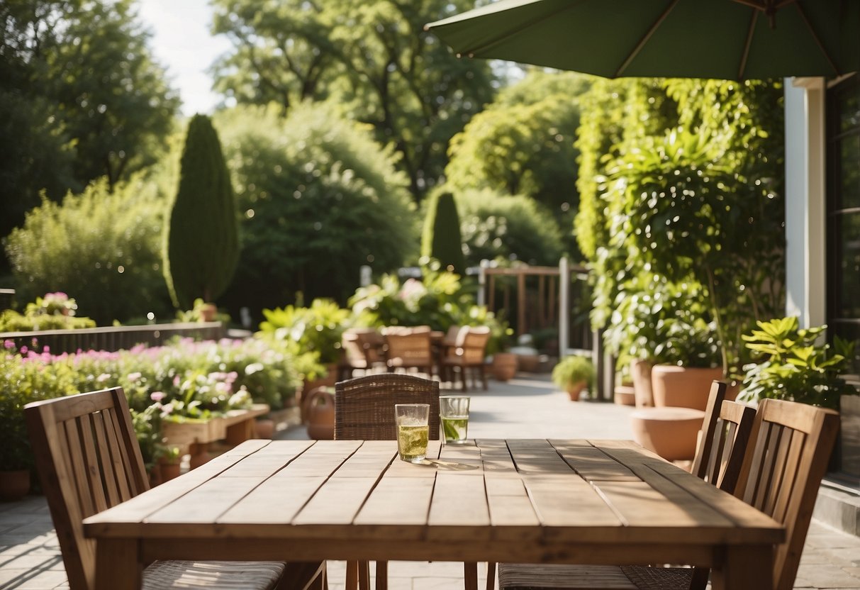 A sunny outdoor patio with a table and chairs surrounded by lush greenery, with a sign reading "Frequently Asked Questions outdoor furniture deals."