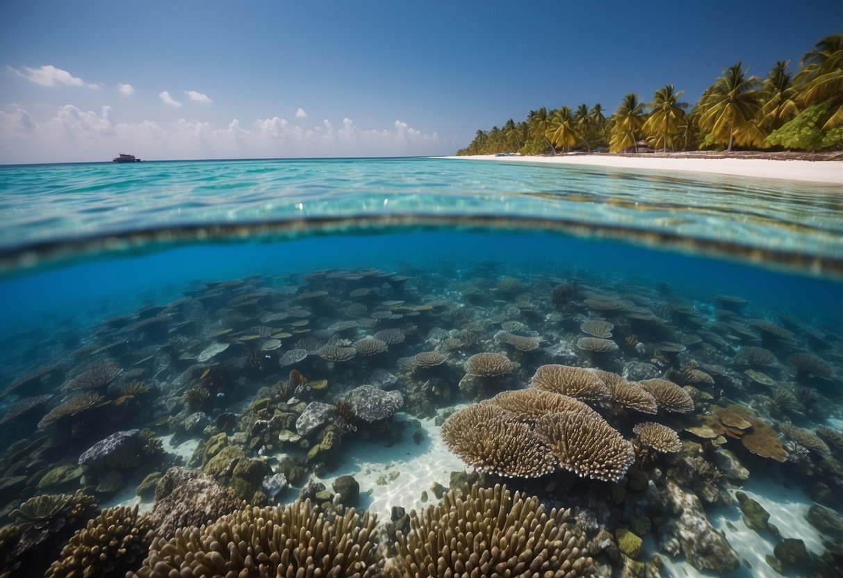 Crystal-clear waters surround palm-fringed islands in the Lakshadweep archipelago, with colorful coral reefs visible beneath the surface | Lakshadweep
