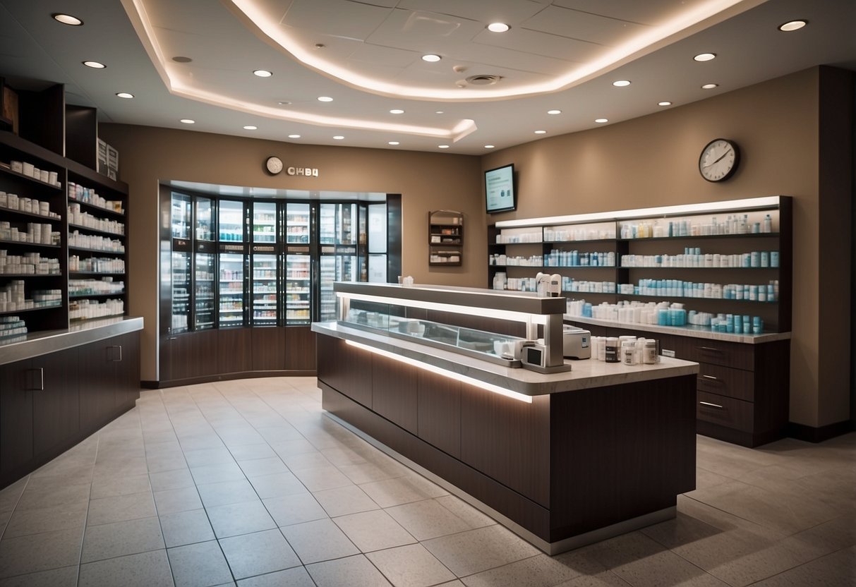 The medical shop furniture includes shelves stocked with medicine, a counter for transactions, and comfortable seating for waiting customers