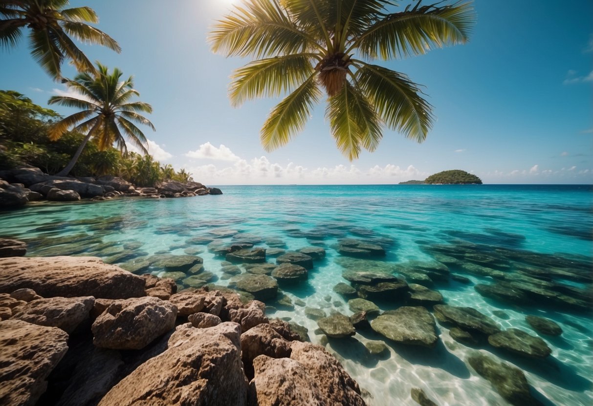 Crystal-clear turquoise waters surround a cluster of tropical islands, with palm-fringed beaches and vibrant coral reefs | Lakshadweep