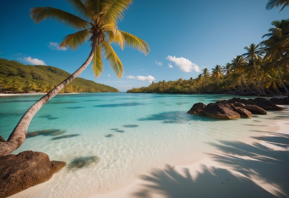 Crystal clear waters, white sandy beaches, palm trees, and colorful coral reefs. A serene island paradise with turquoise lagoons