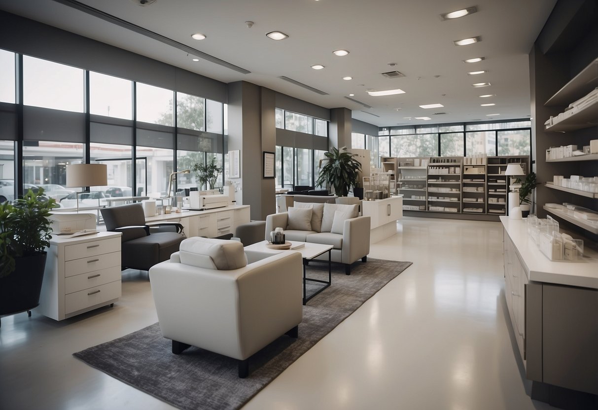 A modern medical shop with ergonomic furniture made of durable materials. Clean lines and neutral colors create a professional and welcoming atmosphere