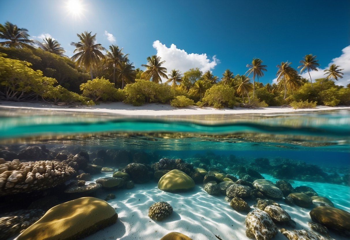 Crystal clear waters surround white sandy beaches with palm trees. Colorful coral reefs and marine life visible from the surface