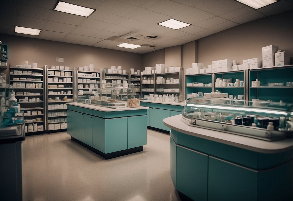 A well-organized medical shop with shelves, cabinets, and counters for storing and displaying various medical supplies and equipment