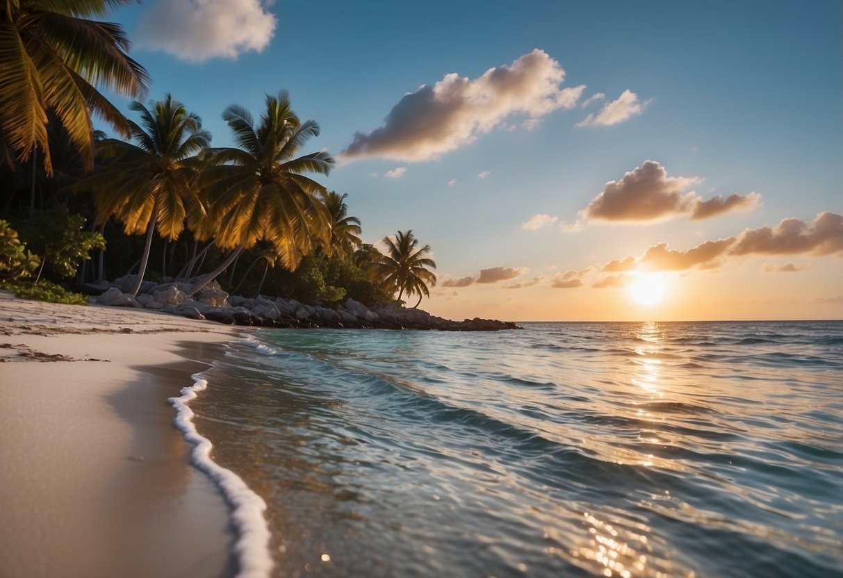 Crystal clear waters surround a pristine white sandy beach, with colorful coral reefs visible beneath the surface. A gentle breeze rustles the palm trees lining the shore, while the sun sets in the distance