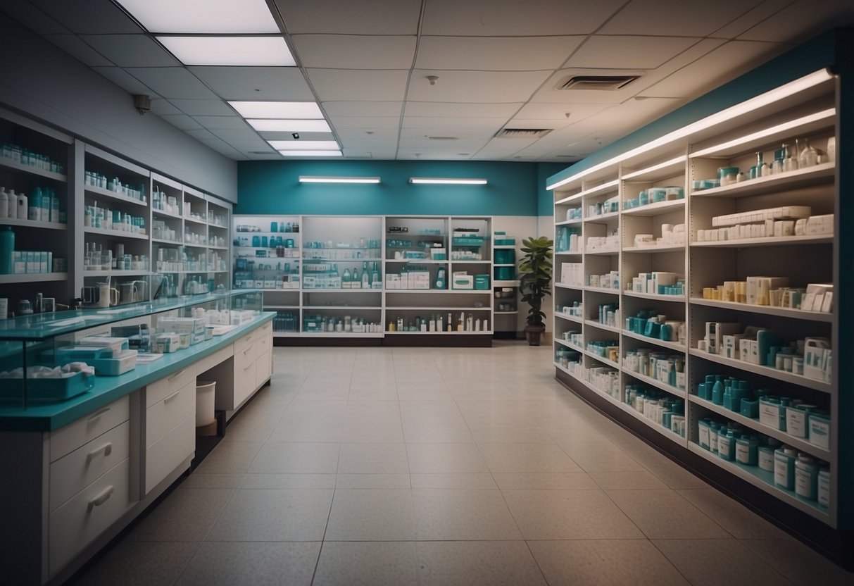 A well-organized medical shop with neatly arranged shelves and counters displaying various medical supplies and equipment