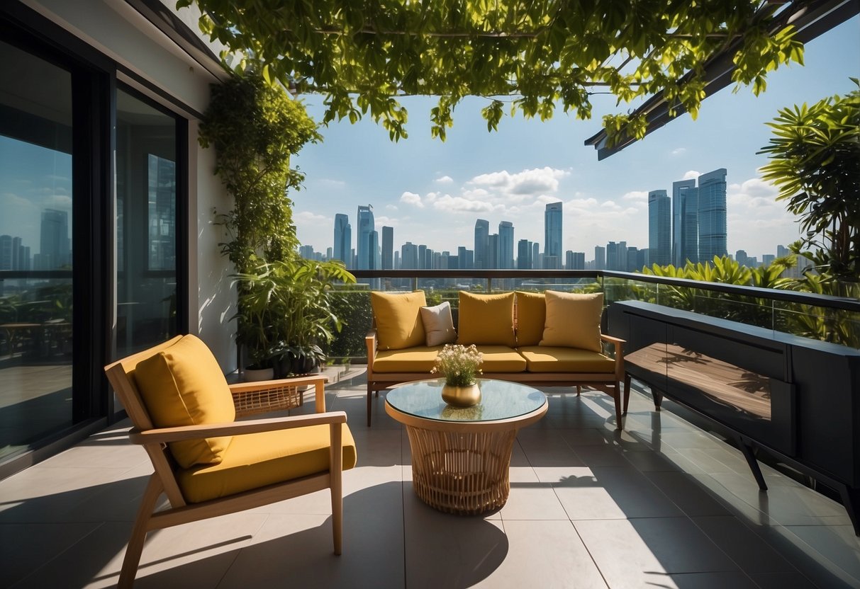 A sunny outdoor patio with modern furniture in Singapore. A sleek dining set, cozy lounge chairs, and a colorful umbrella adorn the space. Lush greenery and a clear blue sky complete the scene
