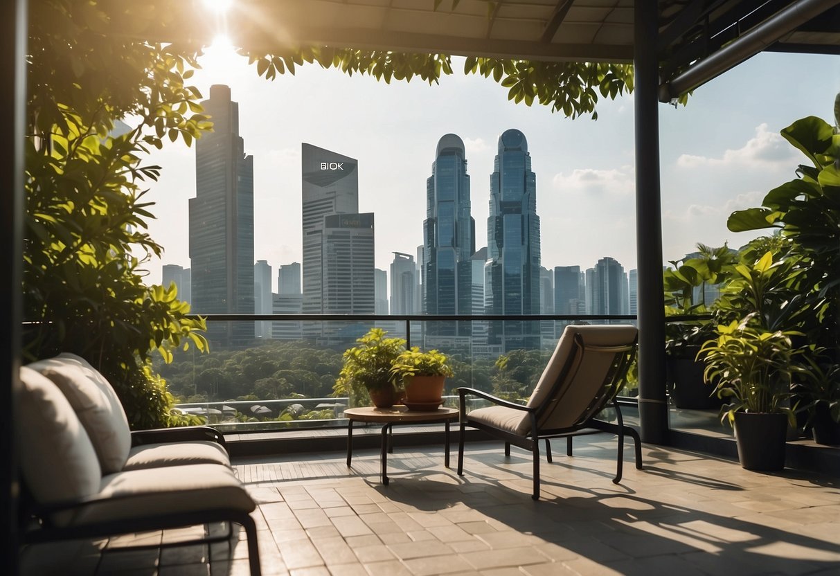 A sunny outdoor space in Singapore with a modern patio set, surrounded by lush greenery and a city skyline in the background