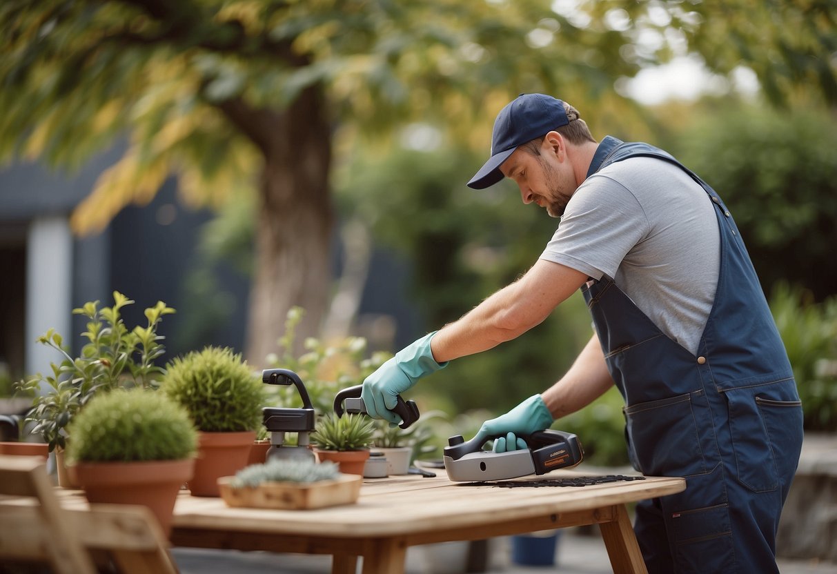 A person assembling and arranging outdoor furniture on a patio, followed by cleaning and maintenance tools nearby