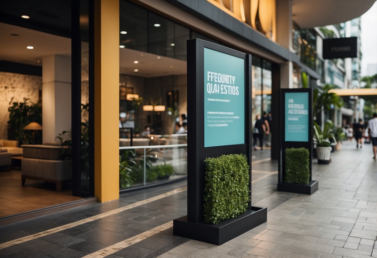 A signboard with "Frequently Asked Questions" stands in front of a furniture store in Singapore. Customers browse the outdoor display