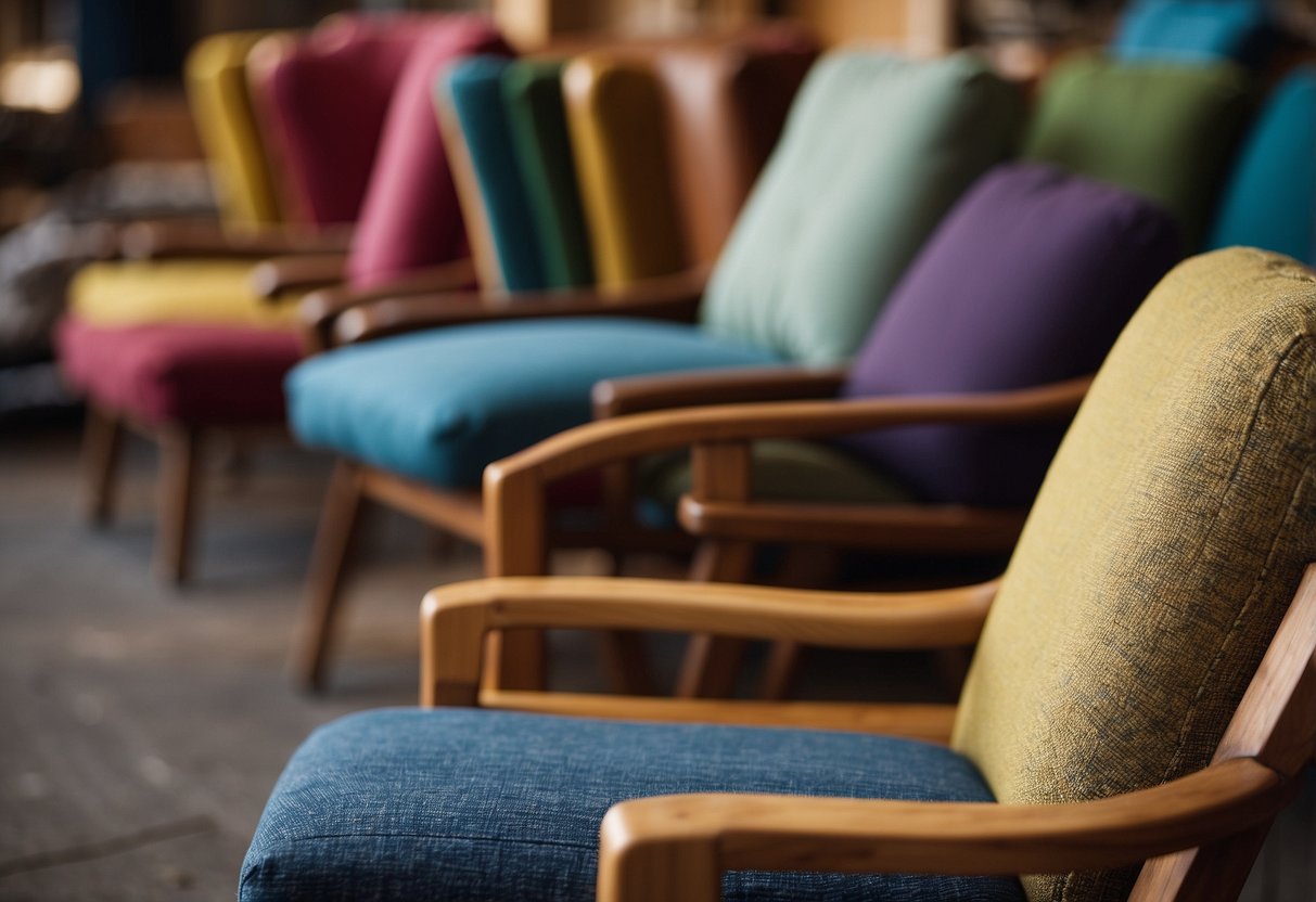 A worn-out armchair is being stripped of its old fabric, revealing the sturdy wooden frame underneath. A pile of colorful, vibrant fabric sits nearby, ready to be transformed into a new upholstery
