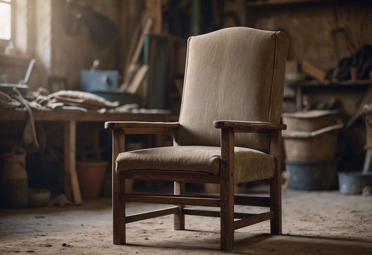 A worn-out chair sits in a dusty workshop. A craftsman carefully strips away the old fabric, revealing the sturdy frame underneath. The chair is transformed with new upholstery and fresh paint, ready to be reborn