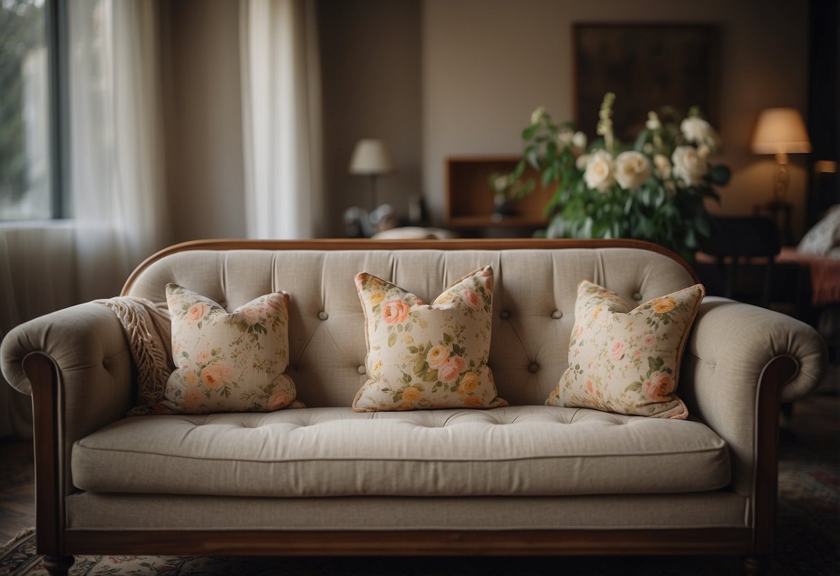 A worn, vintage sofa sits in a cozy living room, surrounded by mismatched, distressed furniture and soft, floral fabrics