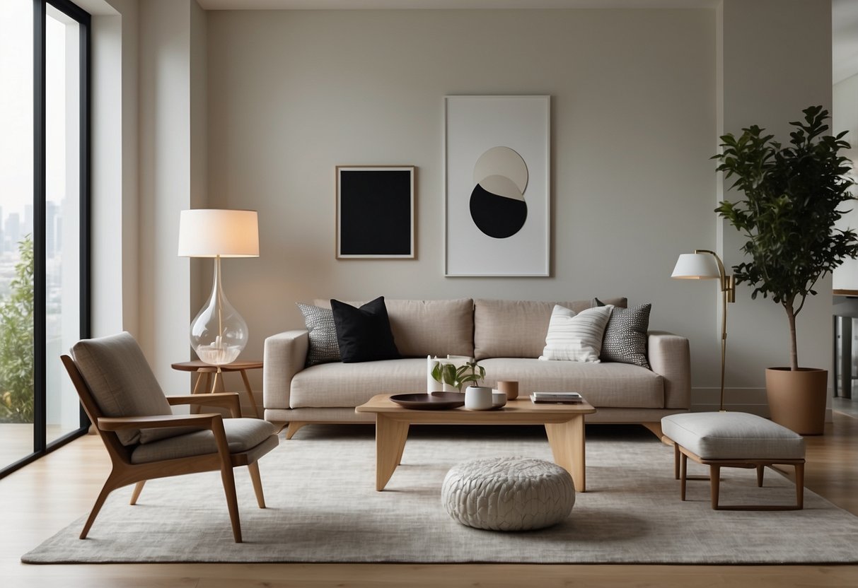A modern living room with sleek, repurposed furniture from Reborn. Clean lines, neutral colors, and minimalist decor create a stylish and sustainable space