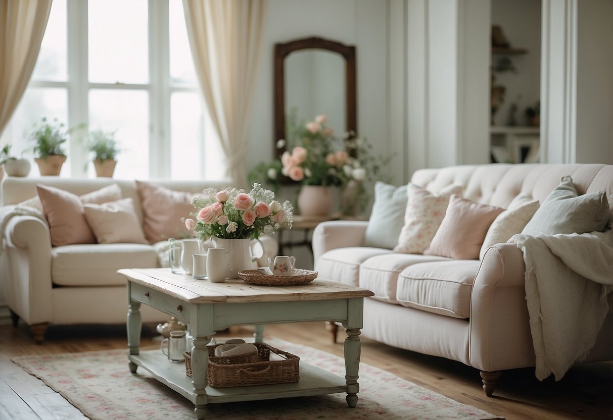 A cozy shabby chic living room with distressed white furniture, floral prints, and vintage accents. Soft pastel colors and delicate textures create a charming, relaxed atmosphere