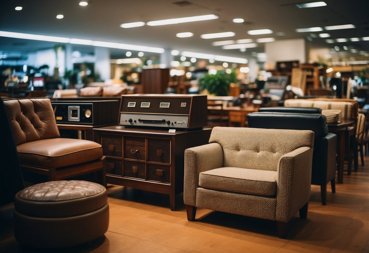 Various second-hand furniture items displayed for sale in a Singapore shop
