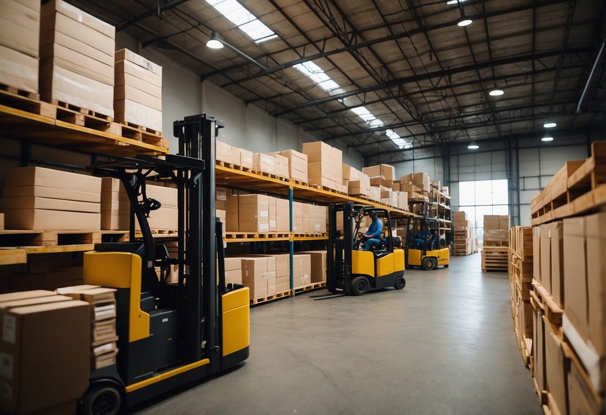 A warehouse filled with rows of wooden tables, chairs, and shelves. Forklifts carrying large crates of furniture. Workers packaging and labeling items for shipment