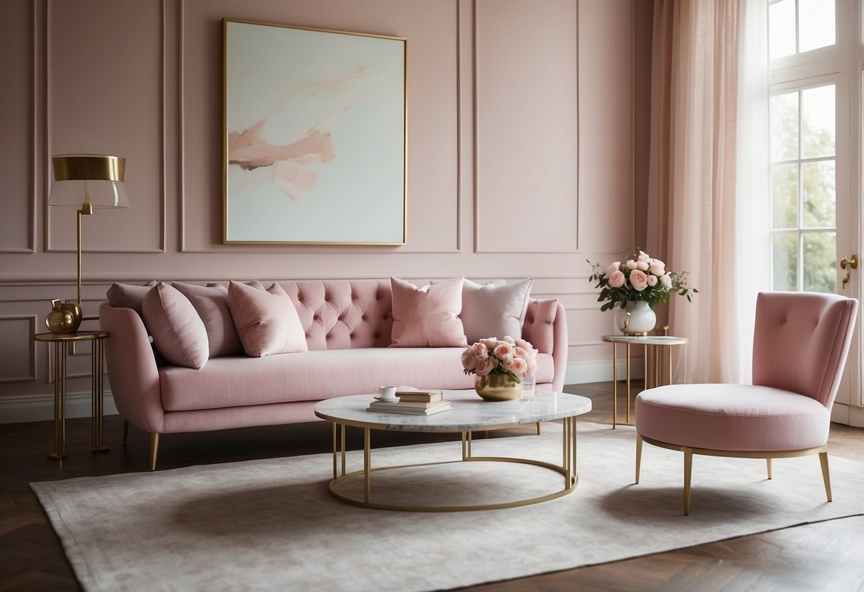 Pastel pink furniture fills the room, with a plush sofa, elegant chairs, and a delicate coffee table. The soft, feminine color creates a calming and inviting atmosphere