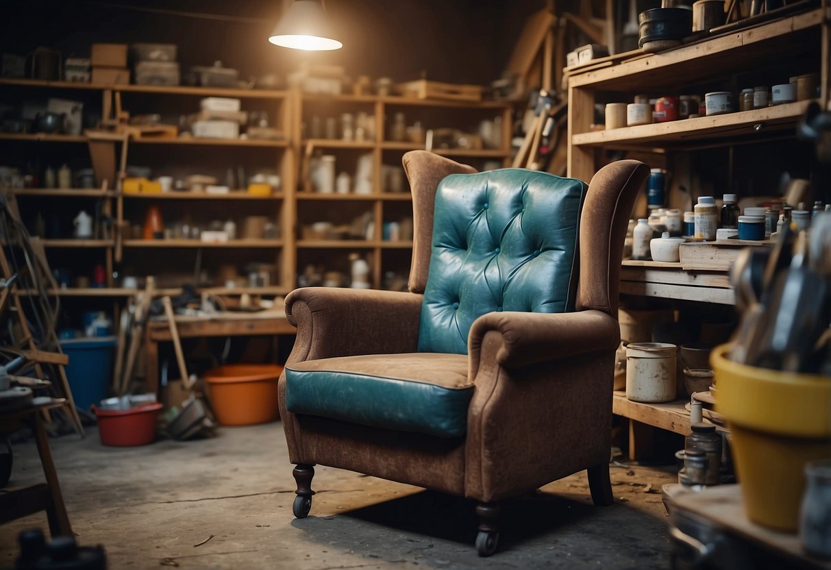 A cluttered workshop with old furniture, tools, and materials. A worn-out armchair sits in the center, surrounded by shelves of paint, varnish, and brushes