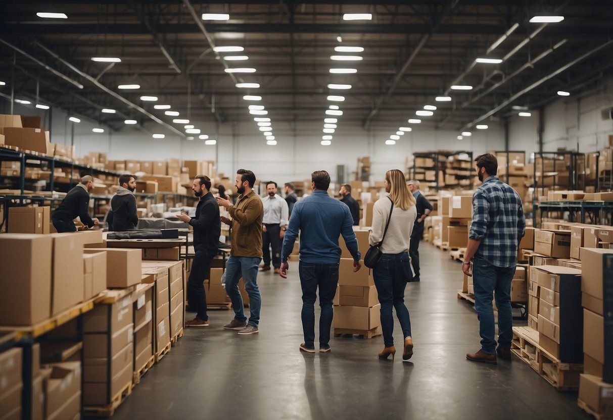 Customers browsing through aisles of furniture, sales representatives assisting, large warehouse filled with various styles and designs