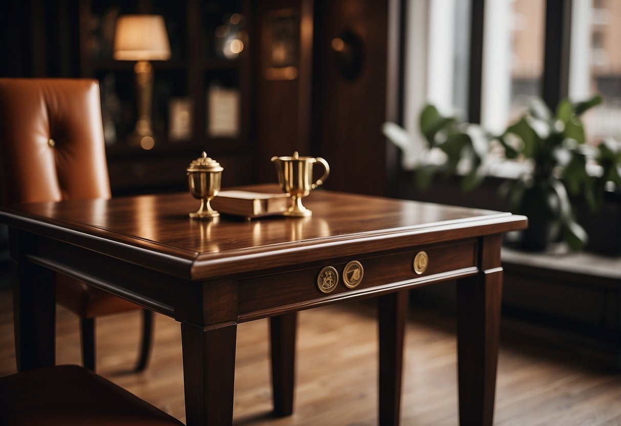 A table with sleek lines and tapered legs, adorned with a brass plaque bearing the maker's mark. Nearby, a chair with a distinctive emblem etched into the wood