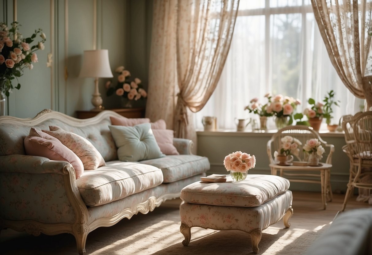 A cozy shabby chic living room with distressed pastel furniture, floral patterns, and vintage decor. Light streams in through lace curtains, creating a warm and inviting atmosphere