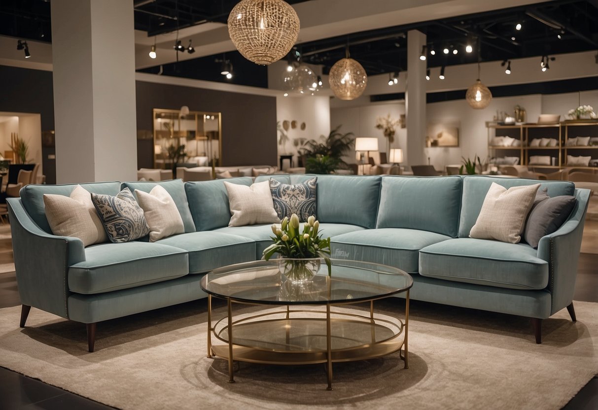 A spacious showroom displays a variety of modern and classic furniture collections. Different designs of sofas, tables, and chairs are showcased