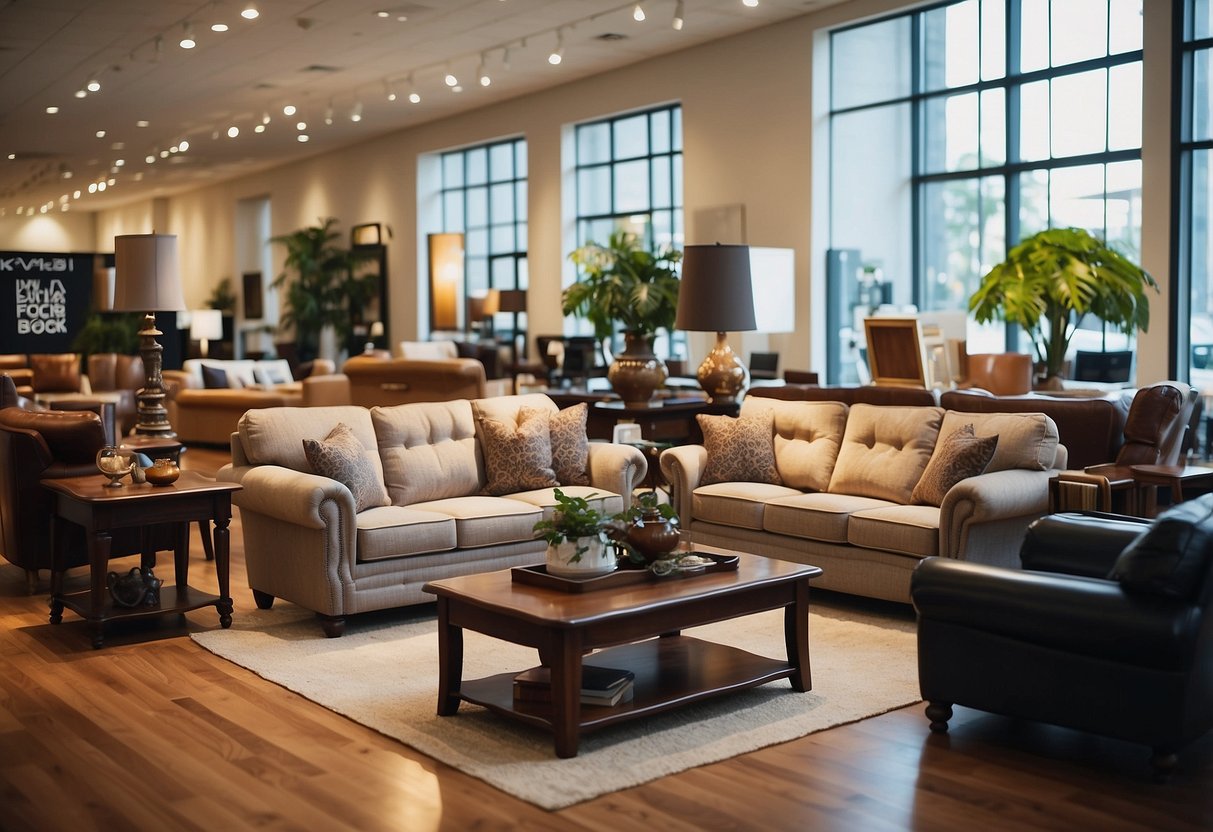 A variety of pre-owned furniture displayed in a well-lit showroom with price tags and descriptions. Customers browsing and inspecting items