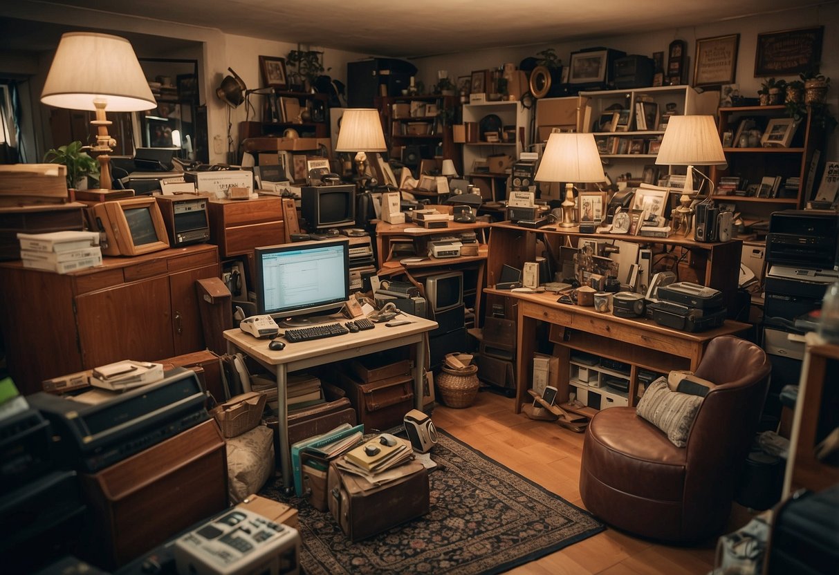 A cluttered room with various used furniture items for sale. A sign reads "Frequently Asked Questions 2nd hand furniture for sale in Singapore."