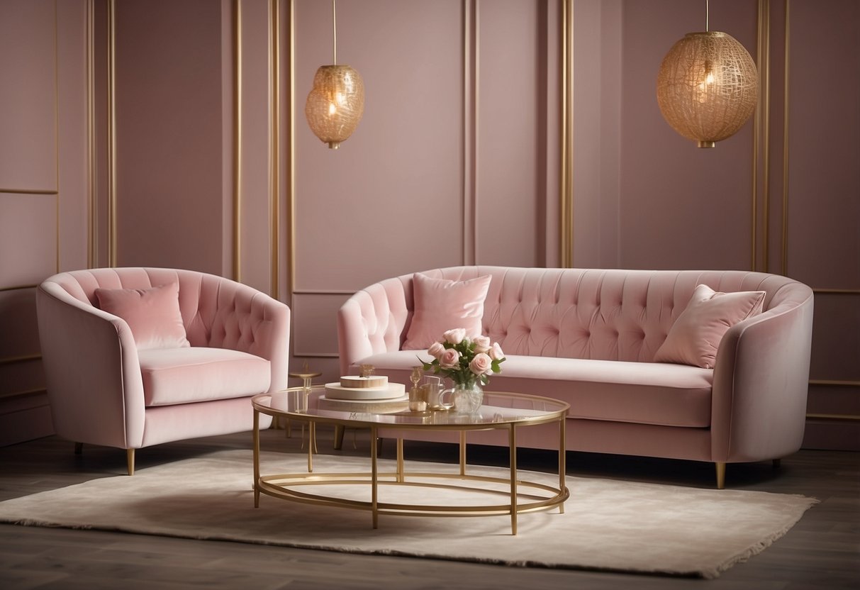Soft pastel pink furniture with plush velvet upholstery and smooth, glossy surfaces. Rich textures and delicate hues create a sense of luxury and elegance