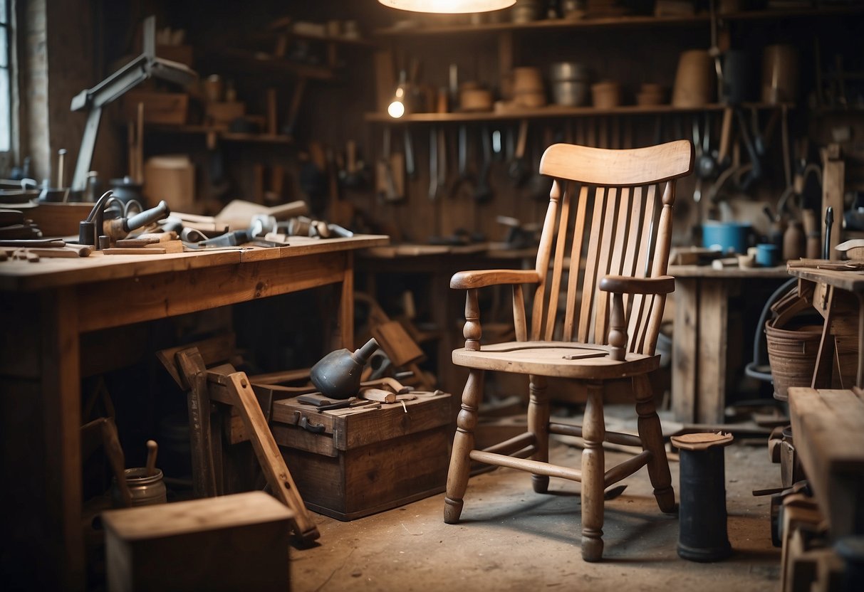 A wooden chair with a broken leg sits in a cluttered workshop. Tools and supplies are scattered on the workbench, and a repair manual is open to a page on chair restoration