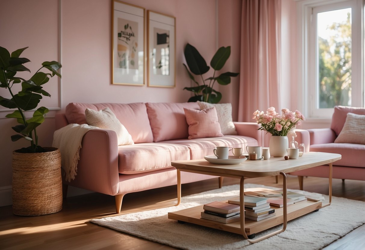 A cozy living room with pastel pink furniture arranged neatly. A FAQ booklet sits on the coffee table. Sunlight streams in through the window, casting a warm glow over the room