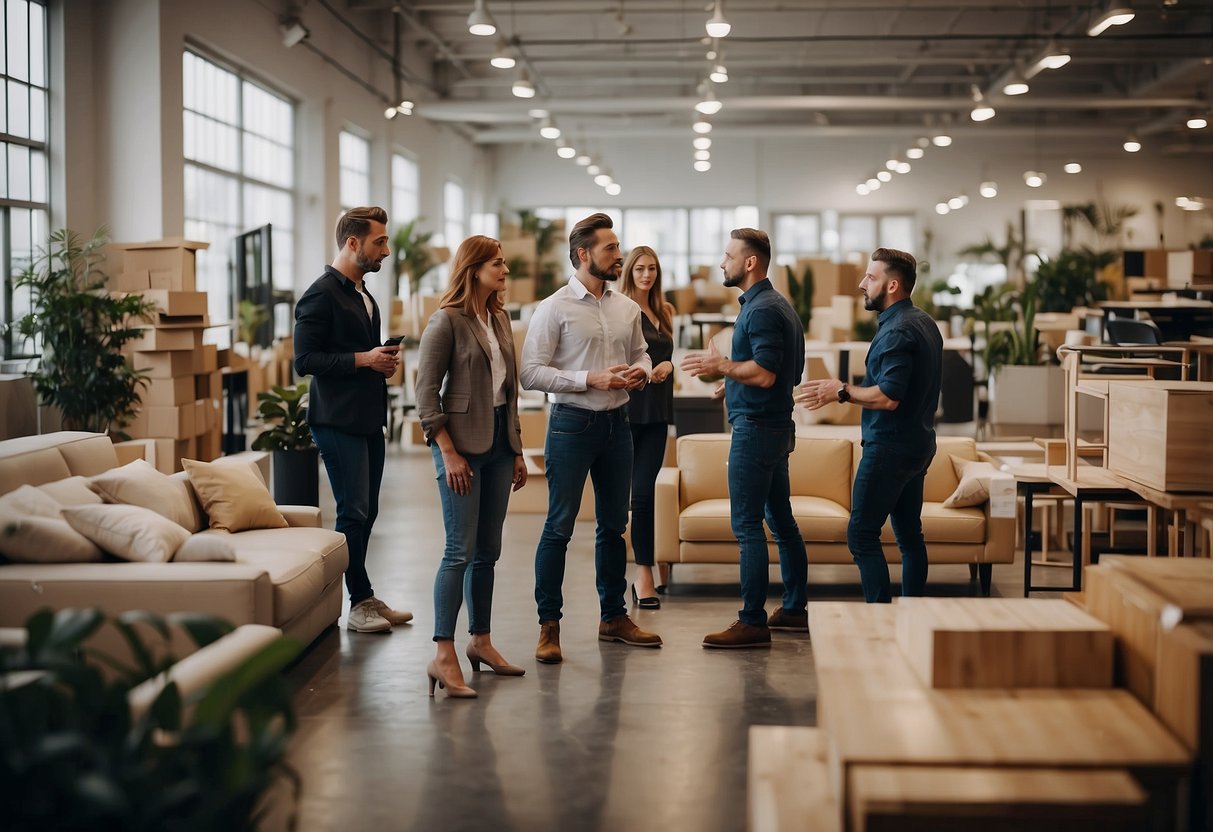 A group of furniture suppliers answering common questions in a busy wholesale showroom
