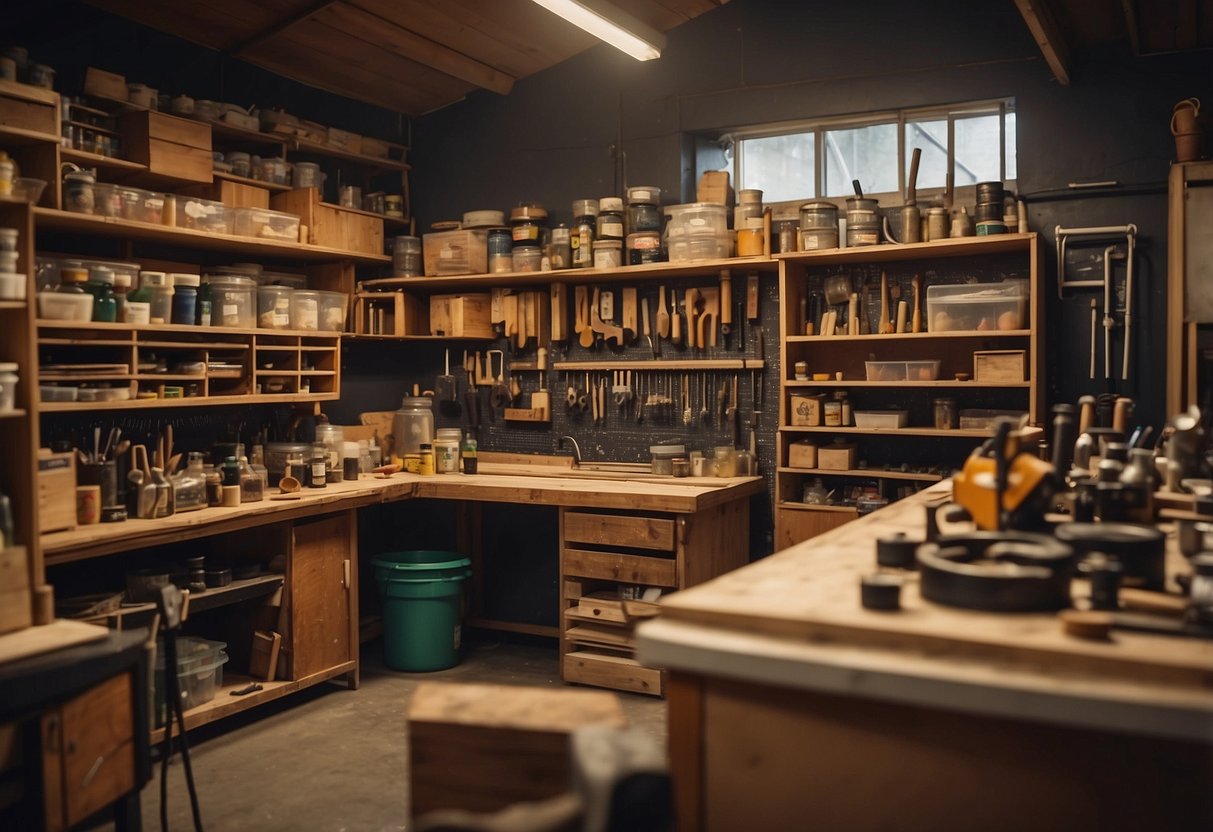 A cluttered workshop with various tools and materials for furniture repair in Tampines. Shelves of wood glue, sandpaper, and varnish line the walls, while a workbench holds a half-finished chair