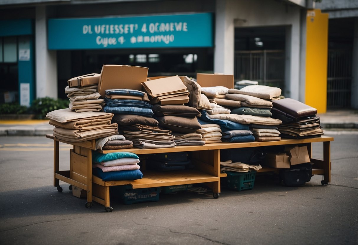 A pile of gently used furniture sits outside a donation center in Singapore, with a sign indicating it is available for those in need