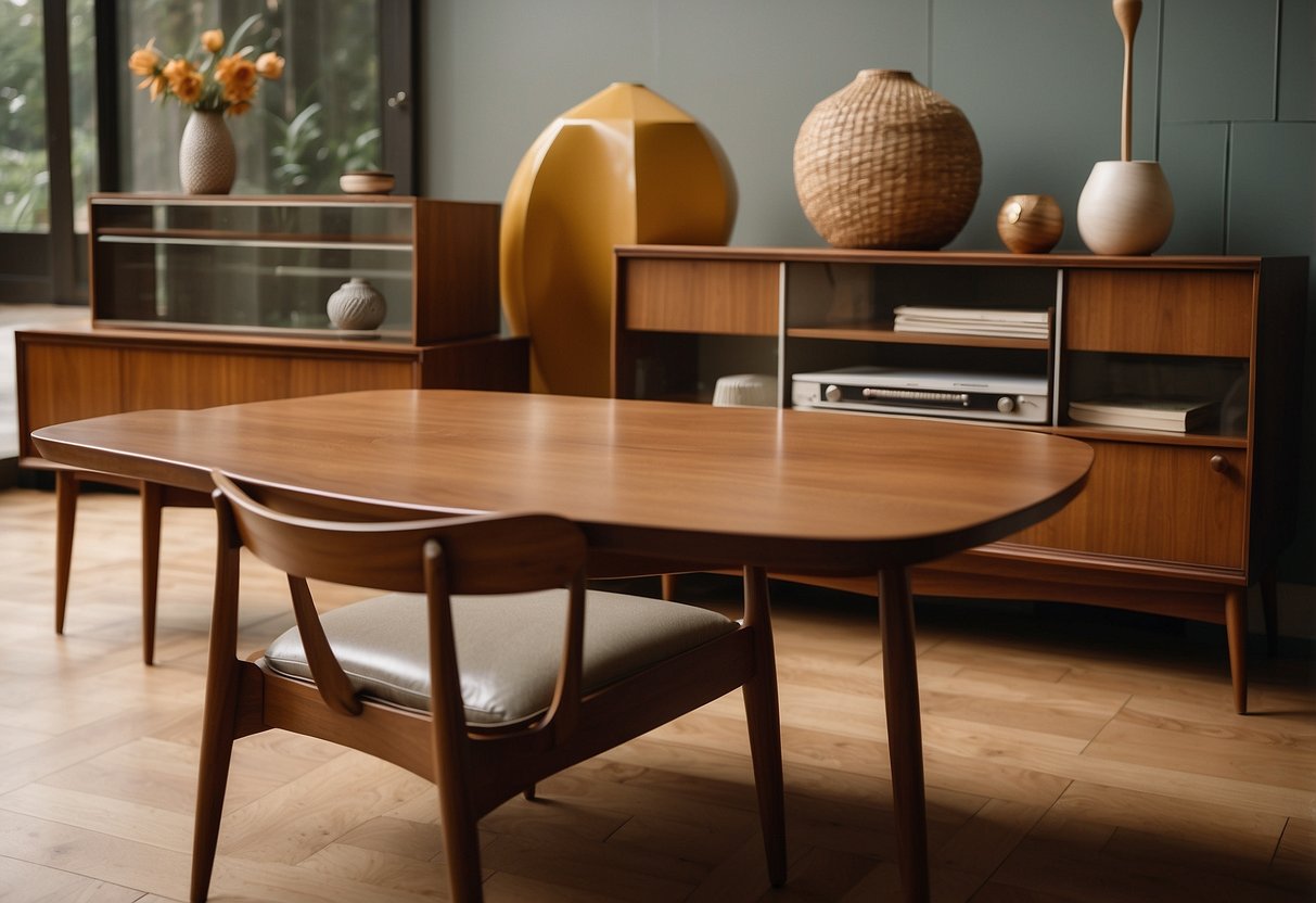 A collection of mid-century modern furniture pieces with distinct maker's marks displayed on a wooden table in a well-lit room