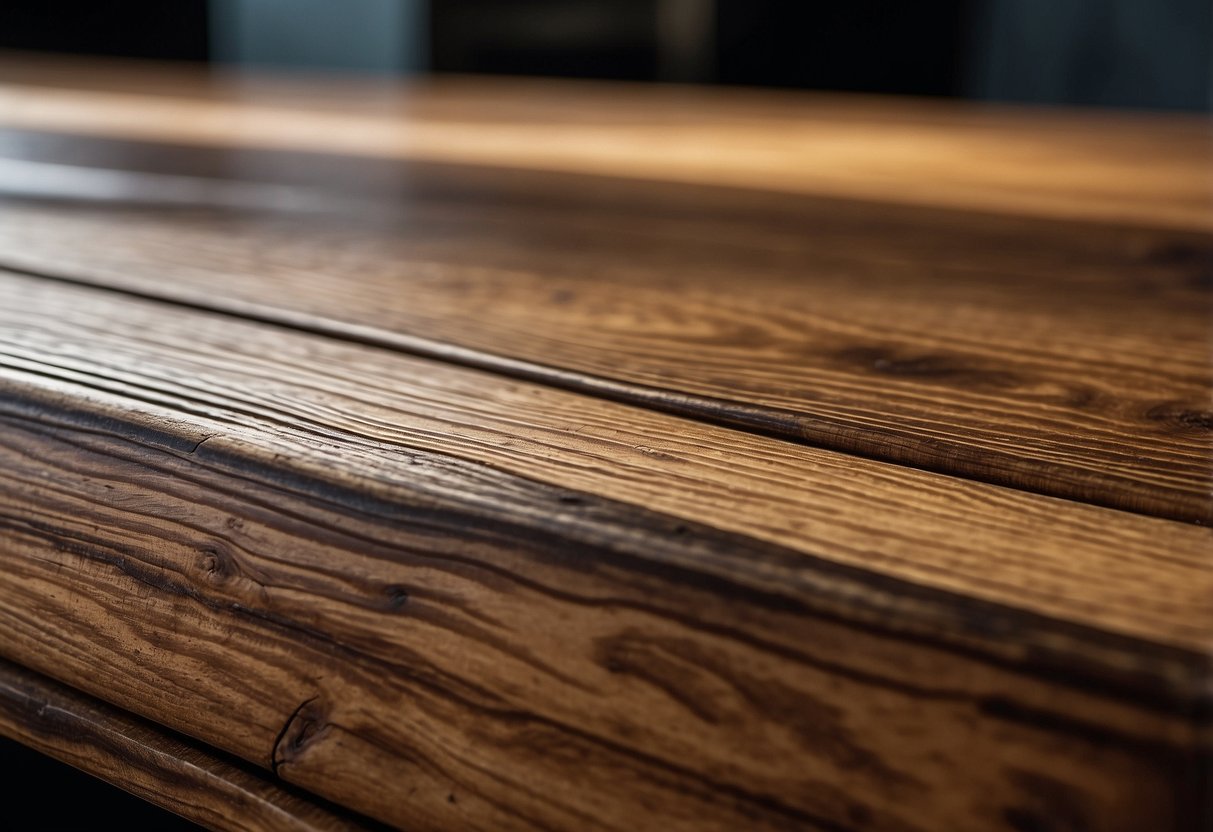 A worn wooden table is sanded down, then coated with a fresh layer of varnish, restoring its glossy finish
