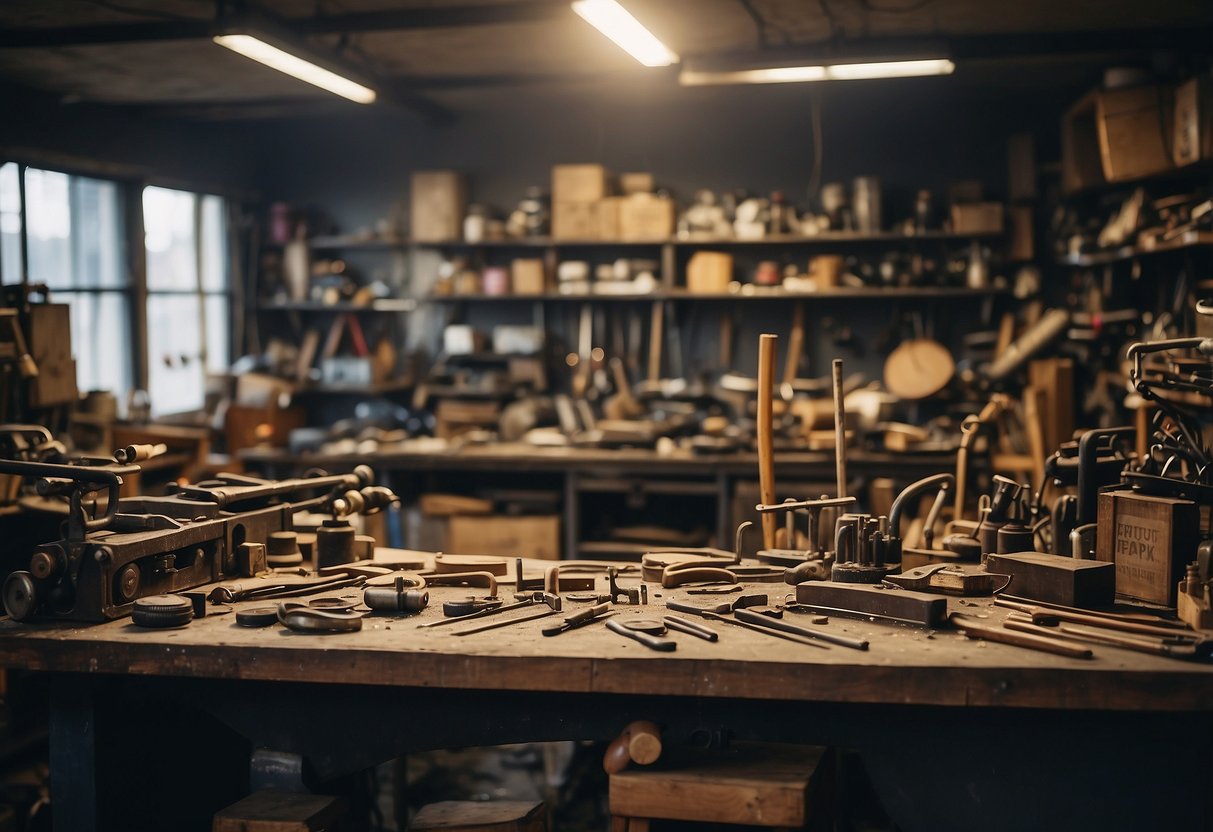 A cluttered workshop with tools and furniture in various states of disrepair, a sign reading "Frequently Asked Questions furniture repair tampines" prominently displayed