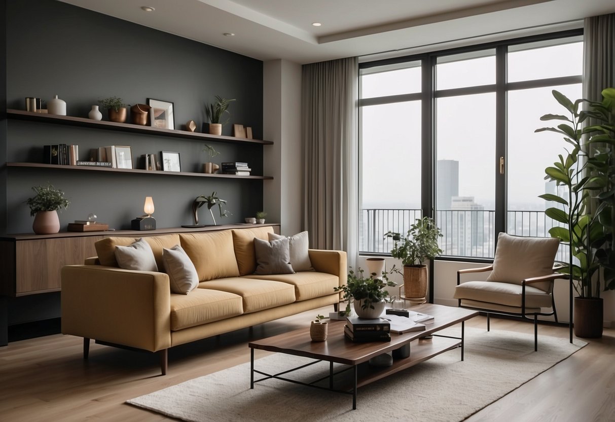A modern living room with qoo10 furniture, including a sleek sofa, minimalist coffee table, and stylish shelving unit