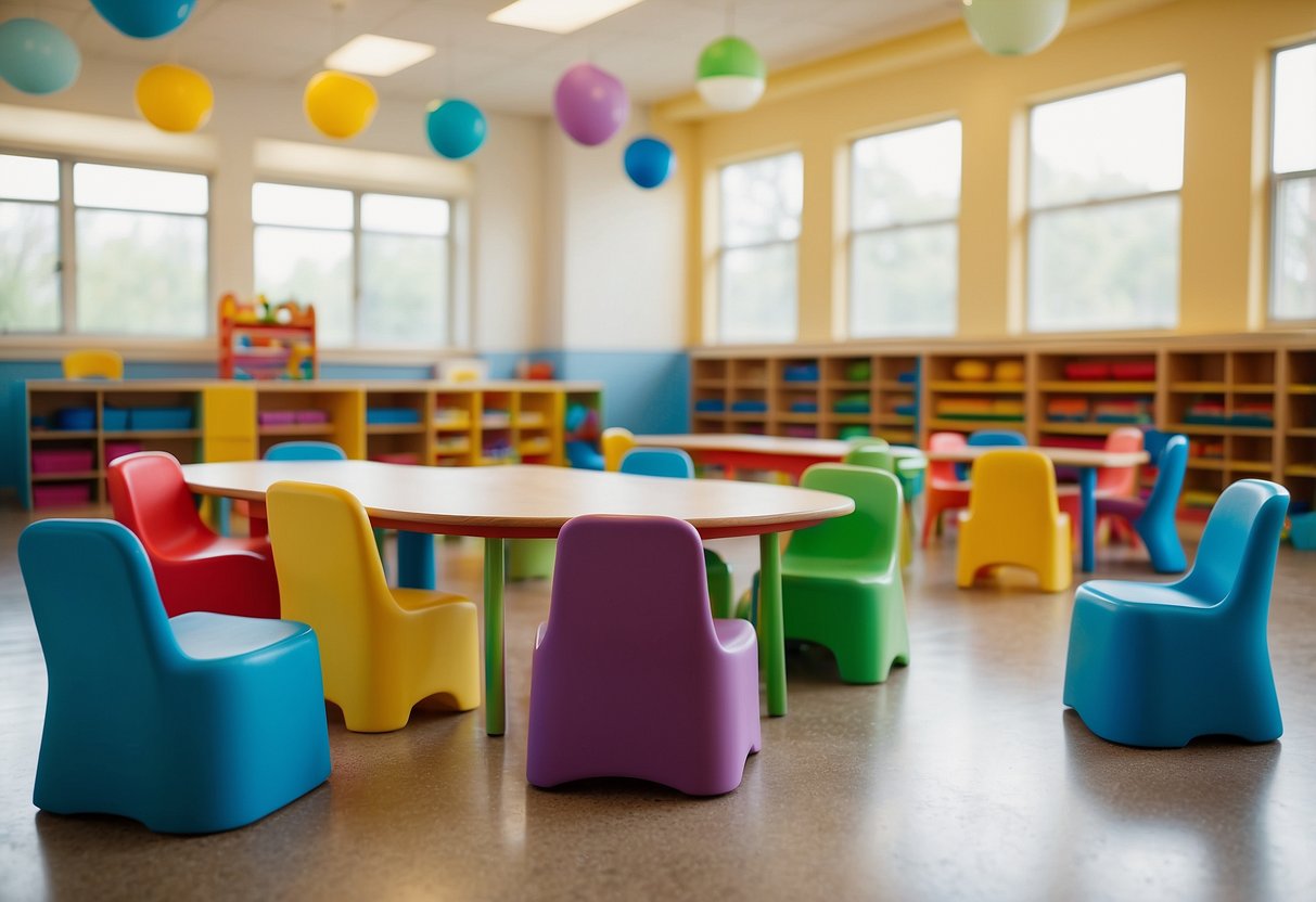 Colorful preschool chairs and tables arranged in a bright, spacious classroom. Shelves stocked with educational toys and books, creating a welcoming environment for young children