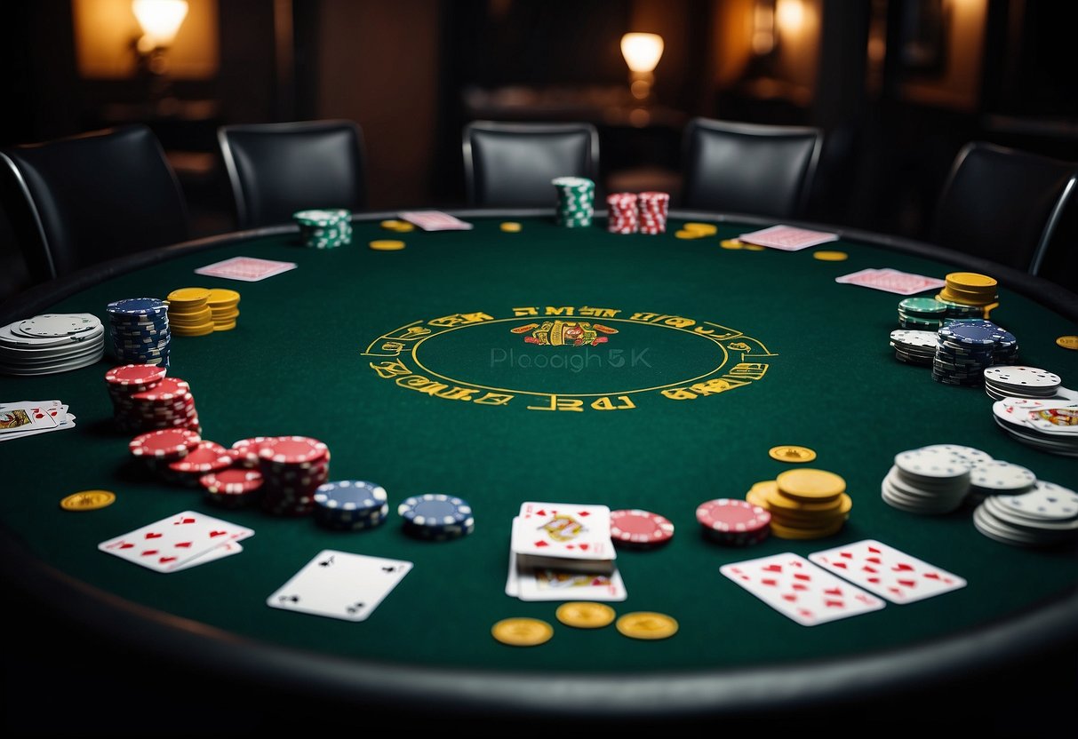 A poker table with green felt, surrounded by chairs, chips, and playing cards