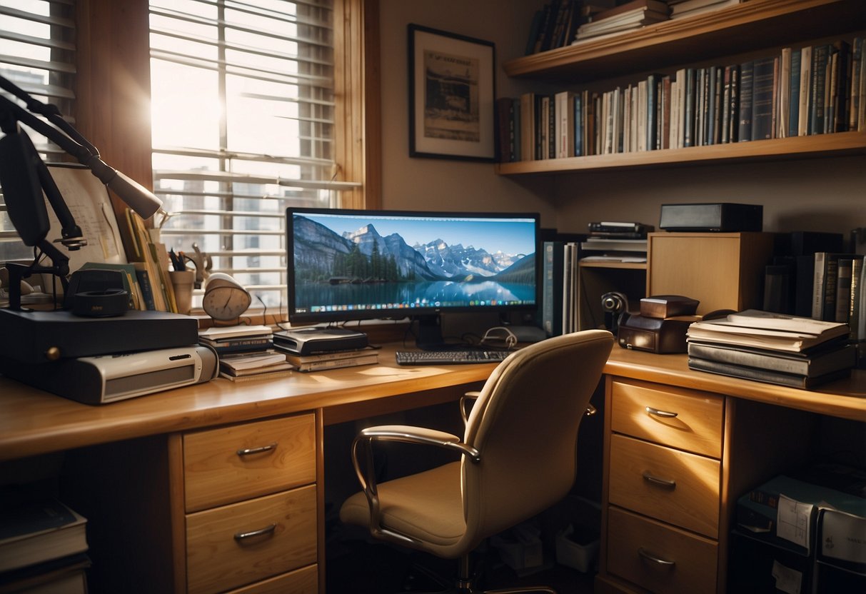 A cluttered pine office with a desk, chair, and bookshelf. A computer and lamp sit on the desk, while papers and books clutter the shelves