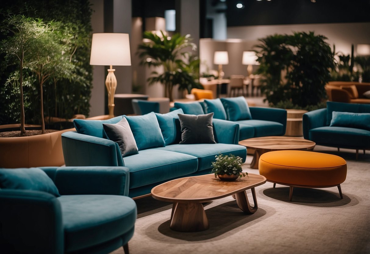 A room filled with various furniture pieces from Qoo10, including sofas, tables, and chairs. Bright lighting highlights the sleek designs and vibrant colors