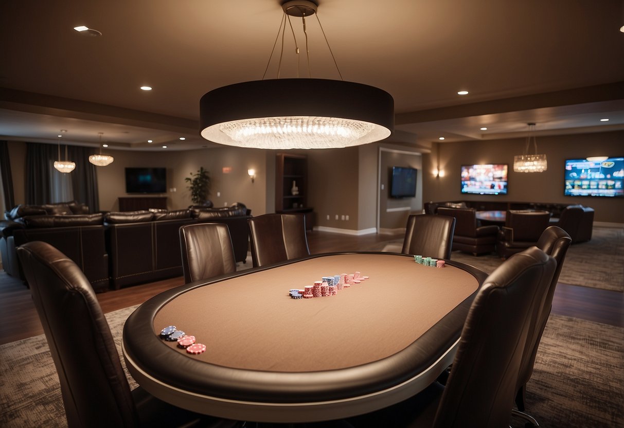 A spacious room with a sleek, oval poker table surrounded by comfortable, cushioned chairs. Soft overhead lighting creates a warm, inviting atmosphere for a game night