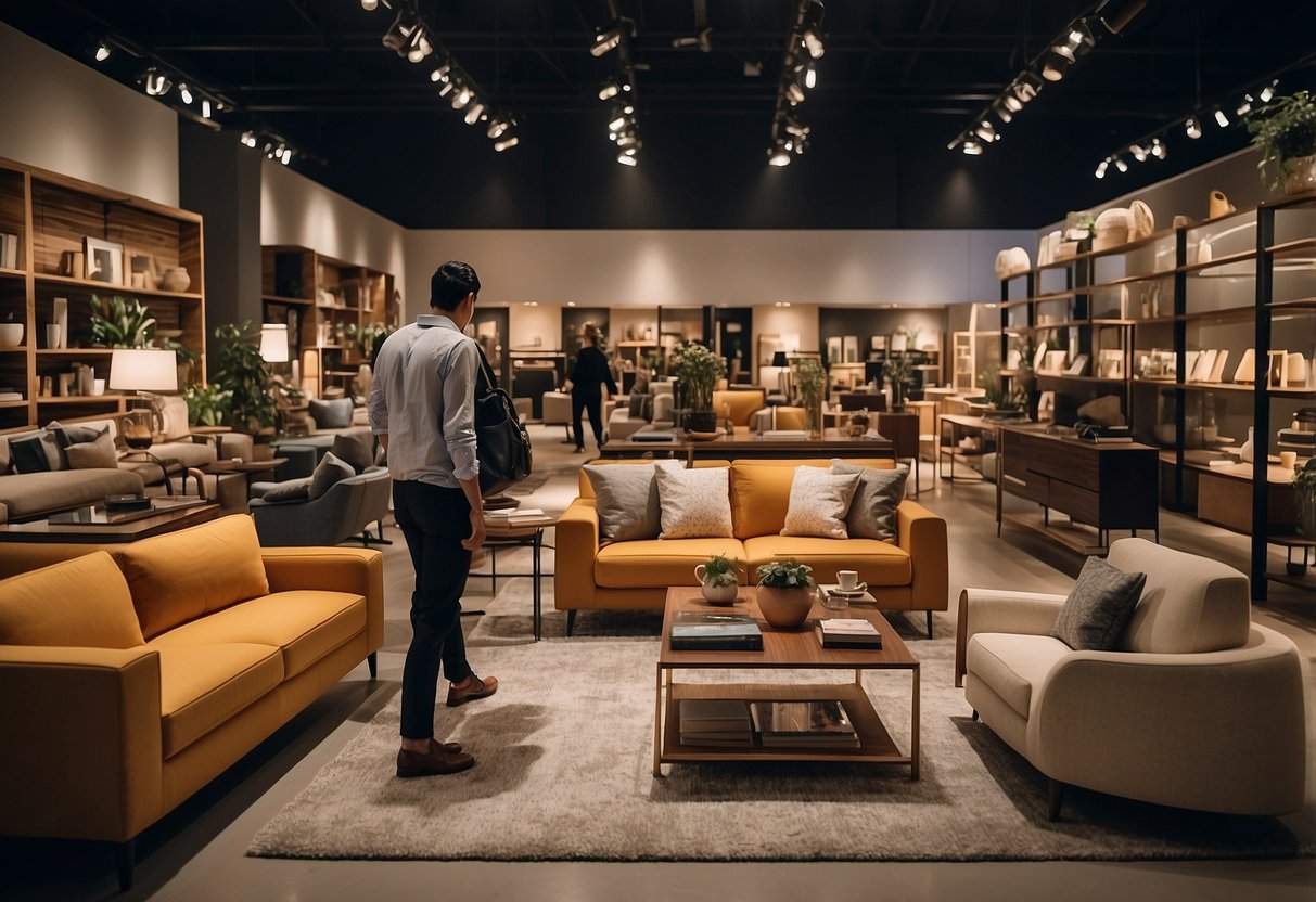 Customers browsing through a variety of furniture items on Qoo10, comparing prices and reading product descriptions