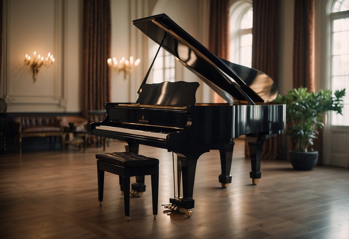 A grand piano sits in a spacious room with elegant furniture. The piano's polished wood and intricate details stand out against the backdrop of the room