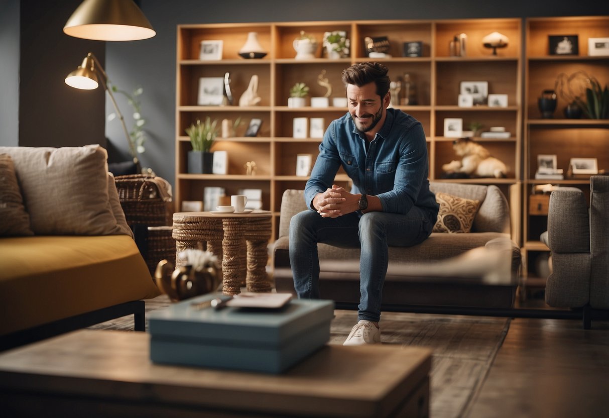 A customer browsing through a variety of furniture items with a "Frequently Asked Questions" banner displayed prominently above the products