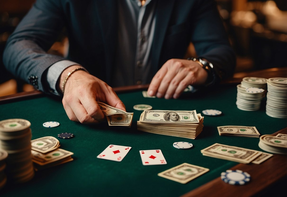 A customer hands over money to a store clerk for a poker table