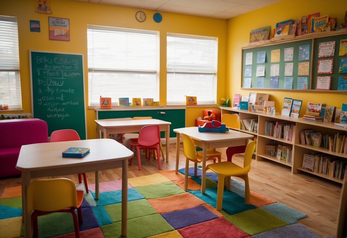 A brightly colored classroom with small tables, chairs, bookshelves, and educational toys. A cozy reading nook with soft cushions and a low table. Brightly colored walls with educational posters and alphabet charts